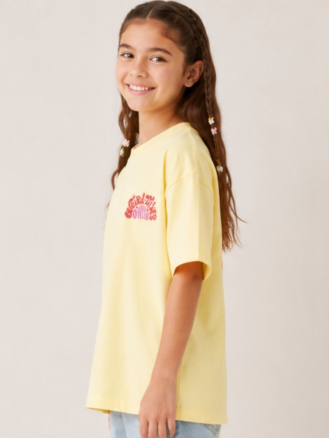 YAK YAK Girls Typography Printed Drop-Shoulder Sleeves T-shirt