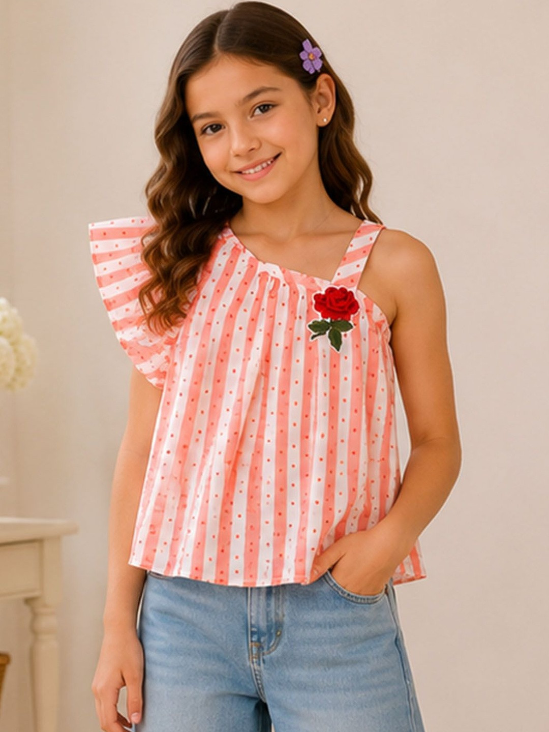 CUTECUMBER Girls Coralpink Striped One Shoulder Flutter Sleeve Ruffles Top