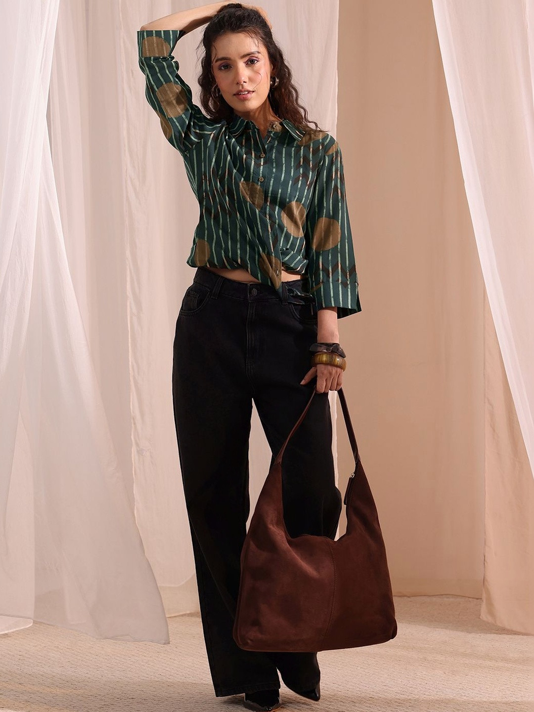 Libas Bottle Green Striped Printed Cotton Shirt