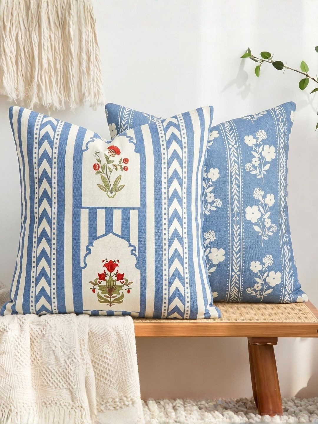RIVERMOOR Blue & White Set of 2 Floral Square Cushion Covers