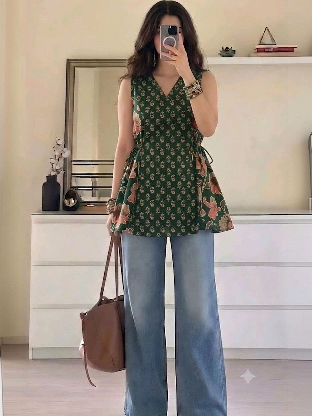 SATITHA Floral Printed V-Neck Pure Cotton Handloom Kurti