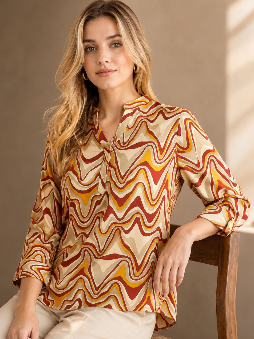 Hancock Women Abstract Printed Mandarin Collar Shirt Style Formal Top