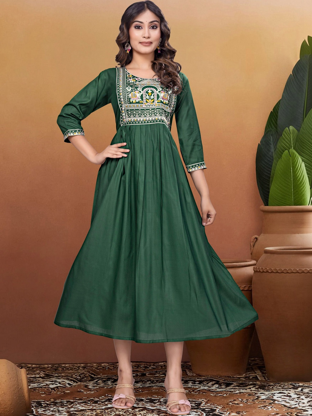 Kalavritta Ethnic Motifs Embroidered A-Line Midi Dress