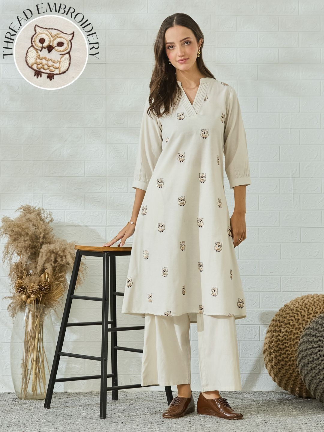 MOKOSH Women Off-White Cotton Owl Embroidered Kurta and Palazzo Set