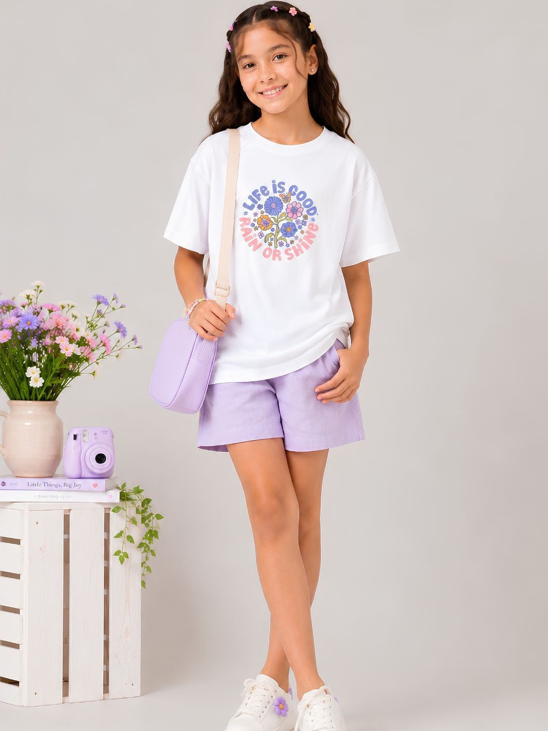 YAK YAK Girls Floral Printed Drop-Shoulder Sleeves T-shirt