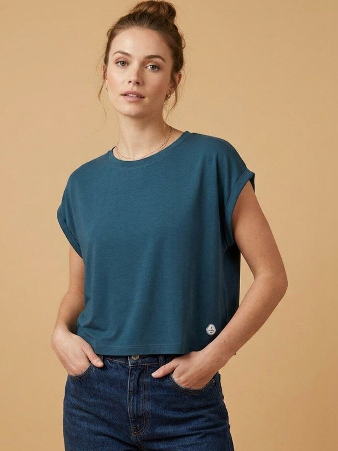 STRAY88 Roll-Up Sleeves Cotton Blend Crop Top