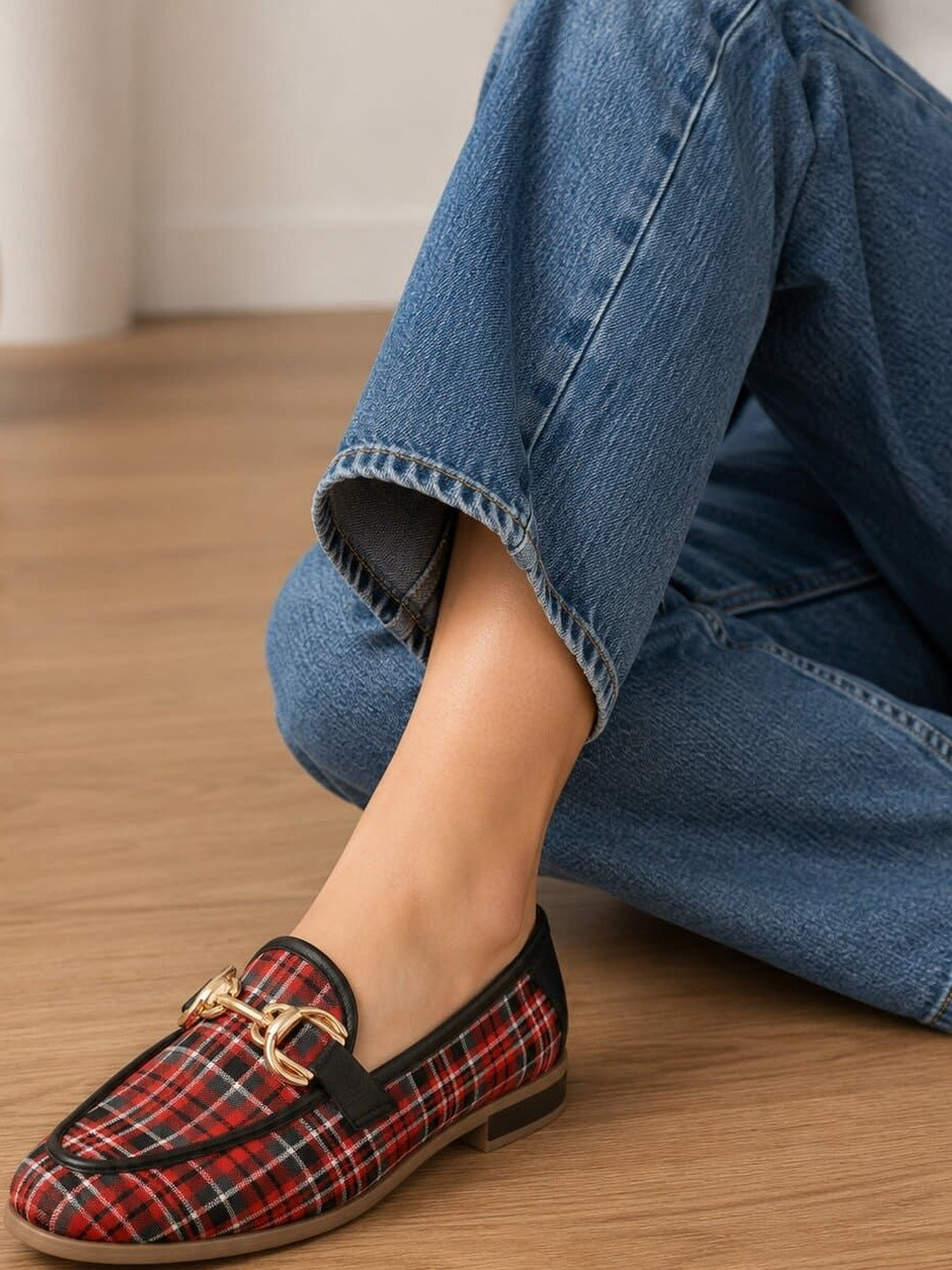 San Frissco Women Red Checkered Tartan Fabric Loafers