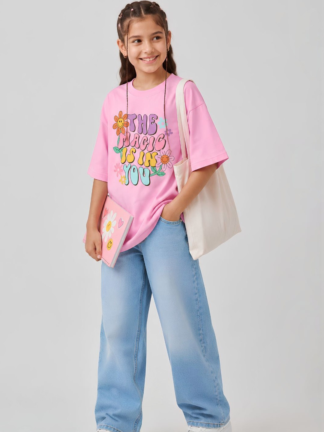 YAK YAK Girls Typography Printed Drop-Shoulder Sleeves T-shirt
