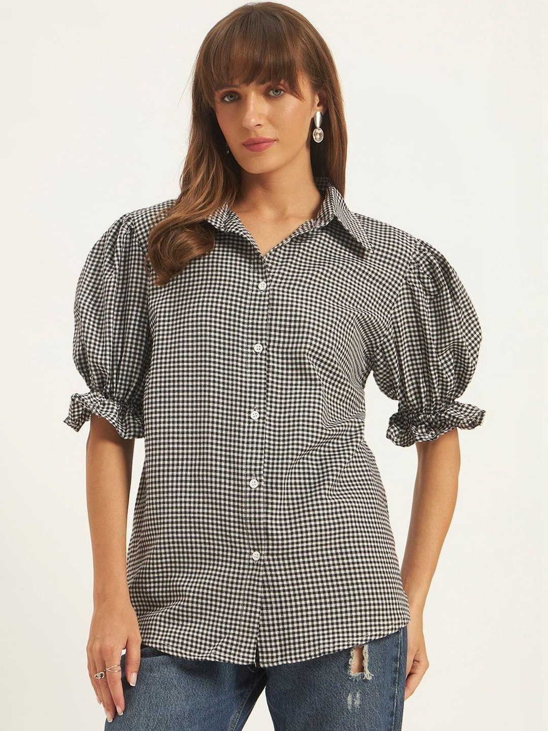ROSEMELON Checked Puff Sleeve Cotton Shirt Style Top