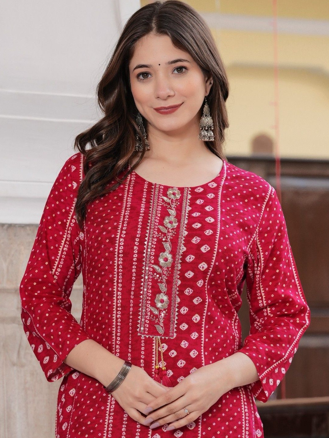 KJTRENDS Women Bandhani Printed Thread Work Kurta
