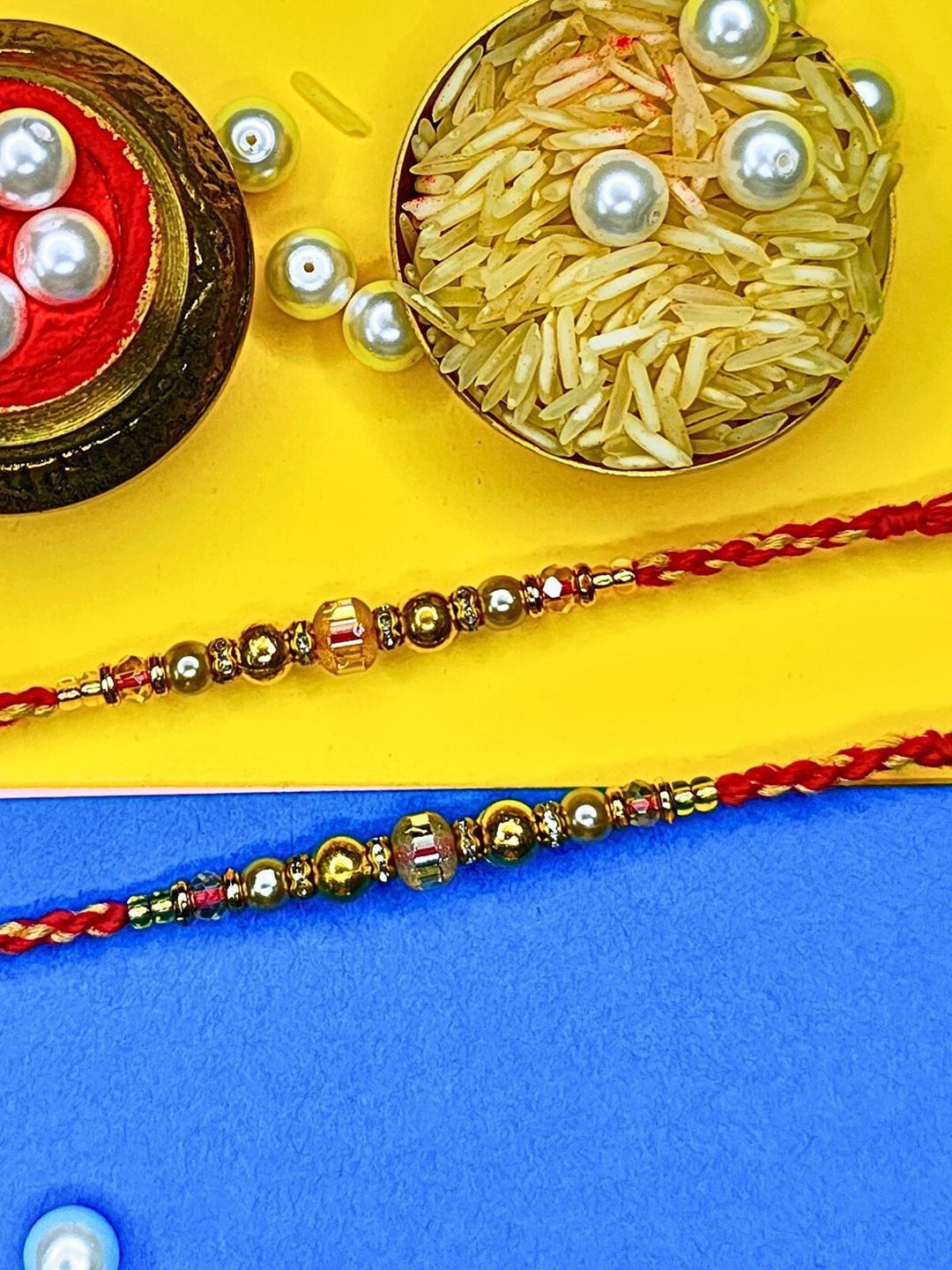 ORANGENYSHA Set Of 2 AD Studded & Beaded Cotton Thread Rakhis
