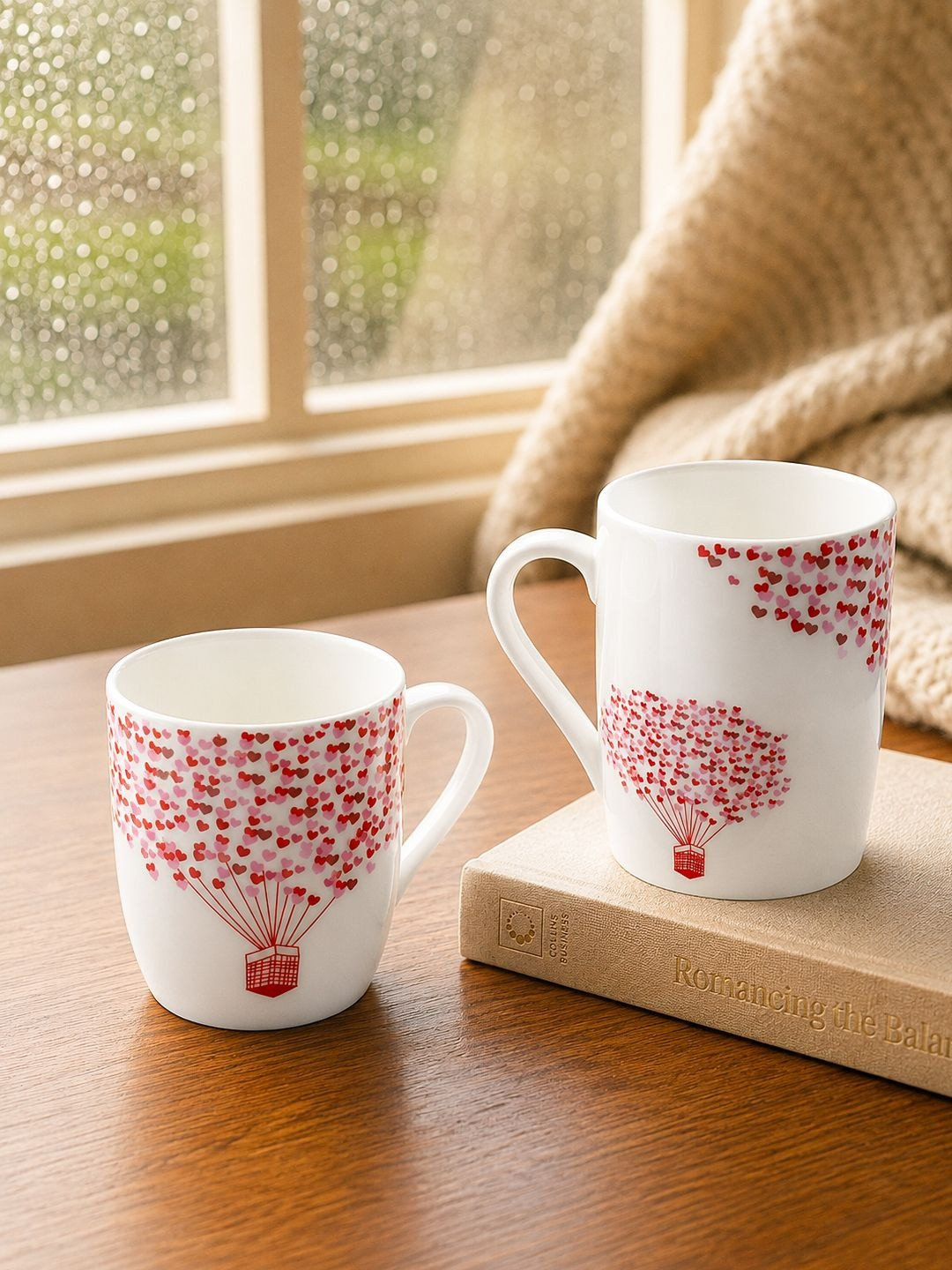 MARKET99 White Ceramic Glossy Mug Set of 2 with Heart-Fly Design-340 ml Each
