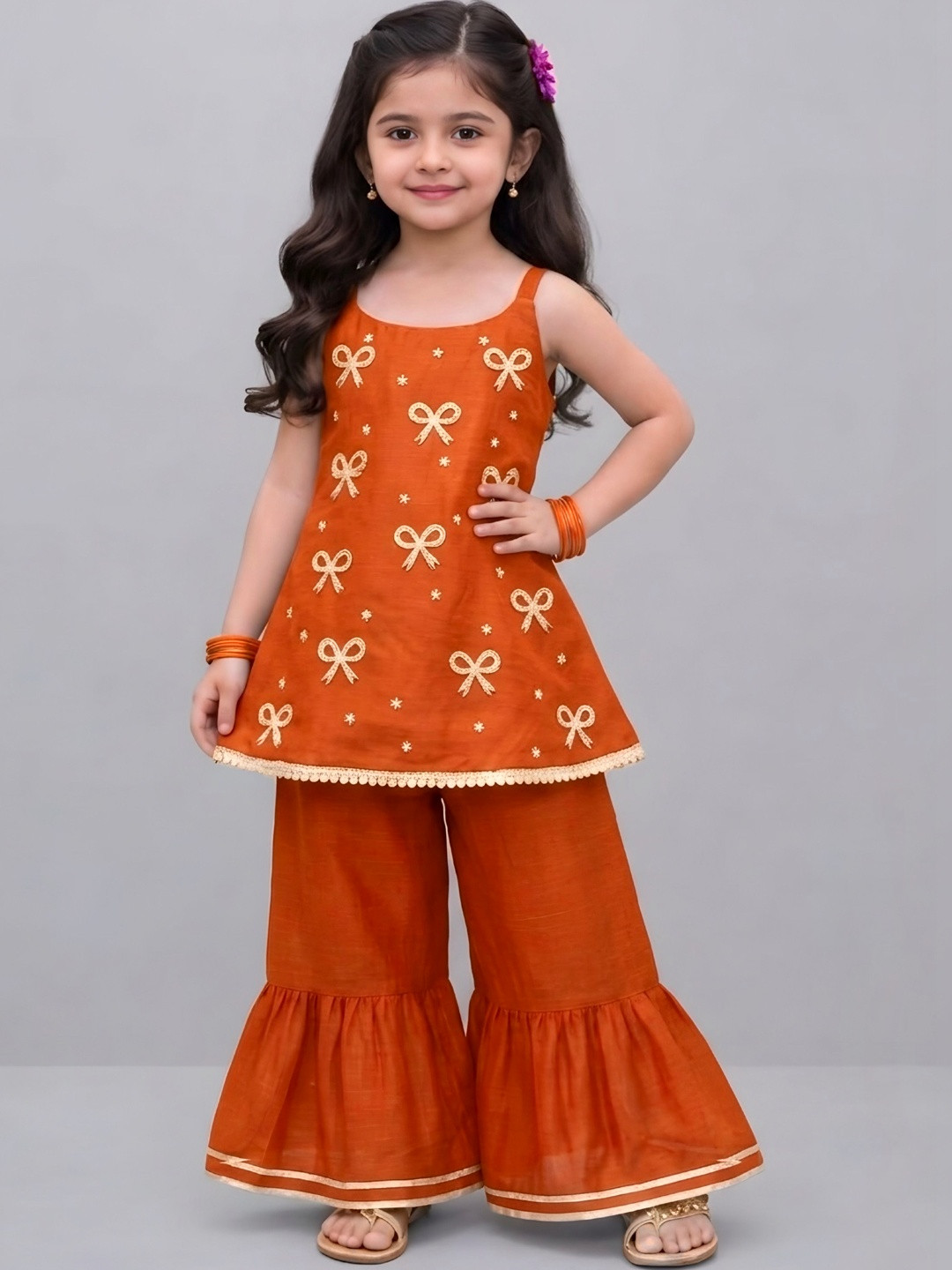SHAHUDI DESIGNER Girls Embroidered Regular Thread Work Top with Palazzos