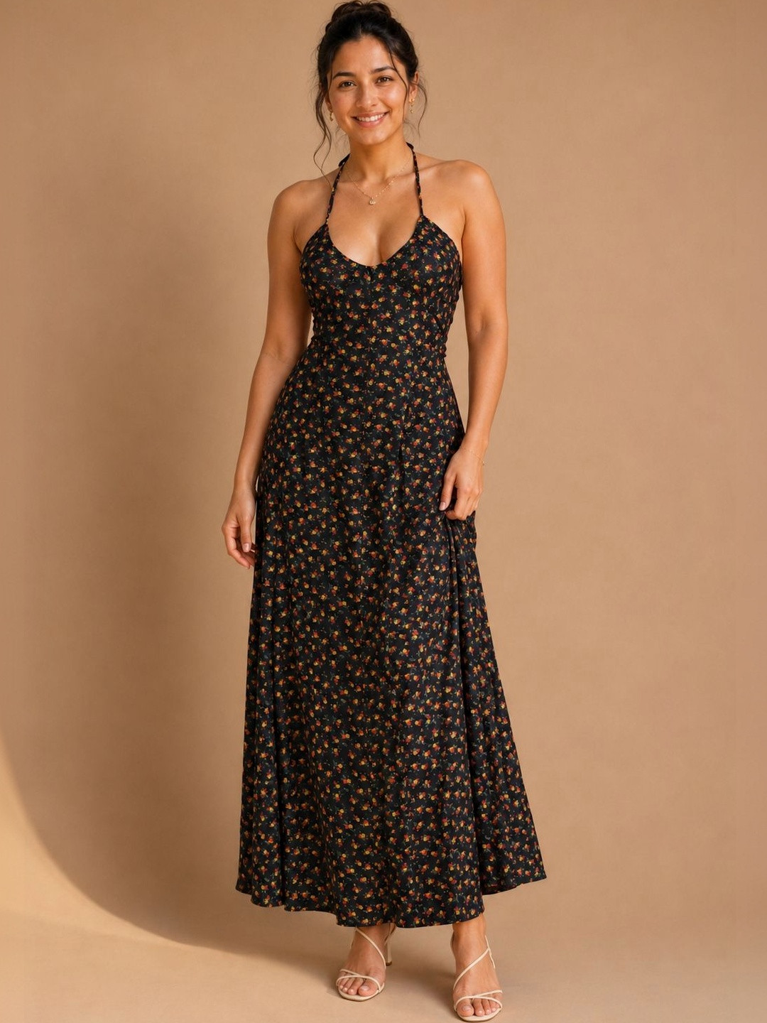 DADA Floral Print Halter Neck A-Line Maxi Dress