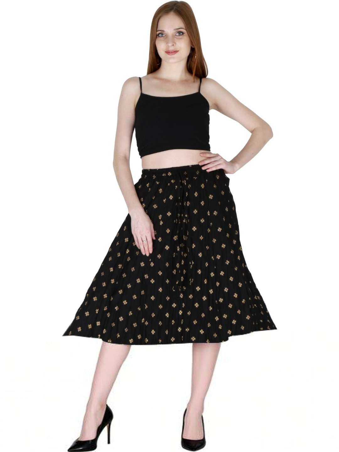 Sttoffa Women Cotton Cambric Geometric Midi A-Line Skirt
