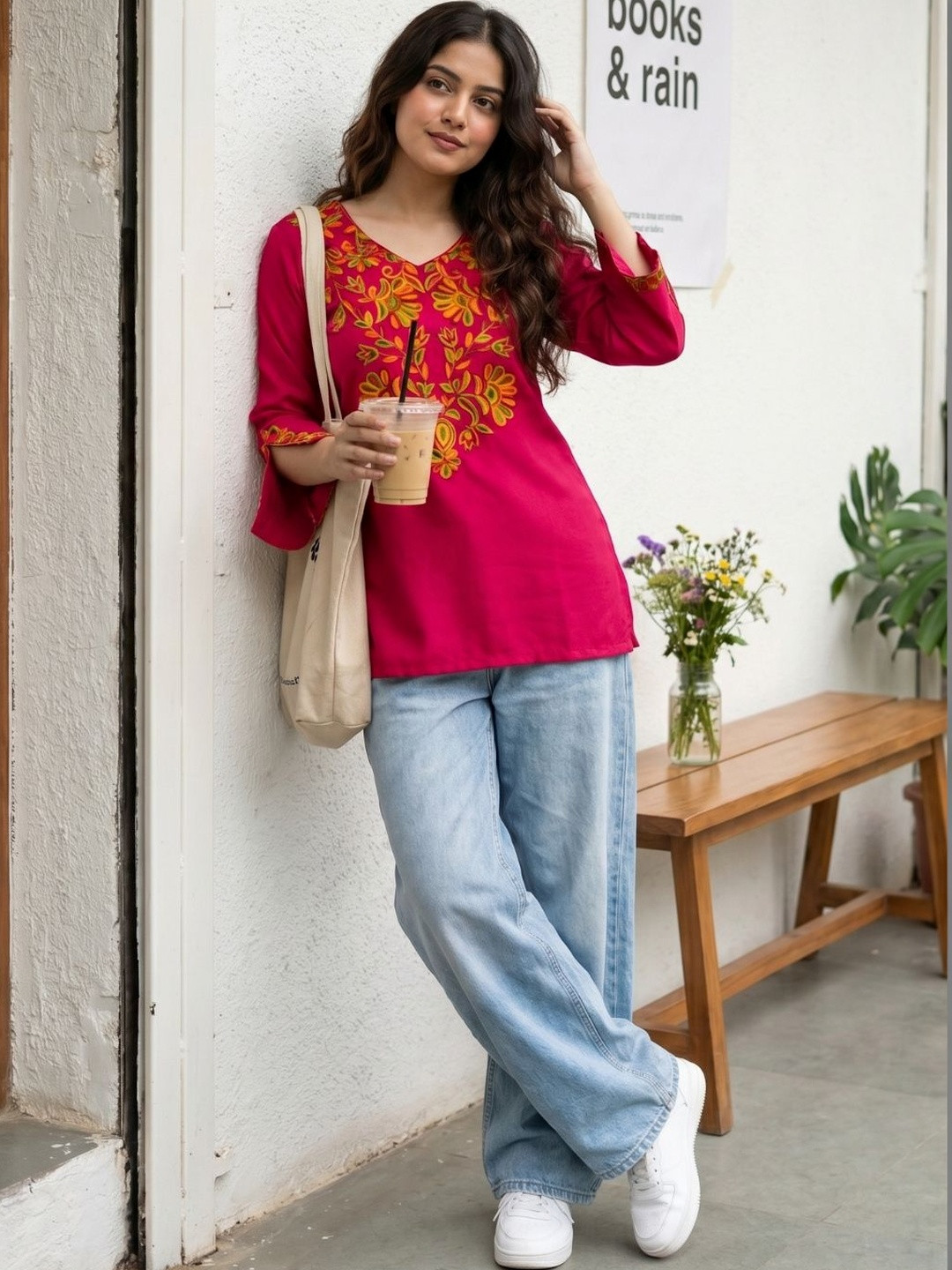 Youthnic Floral Embroidered V-Neck Kurti