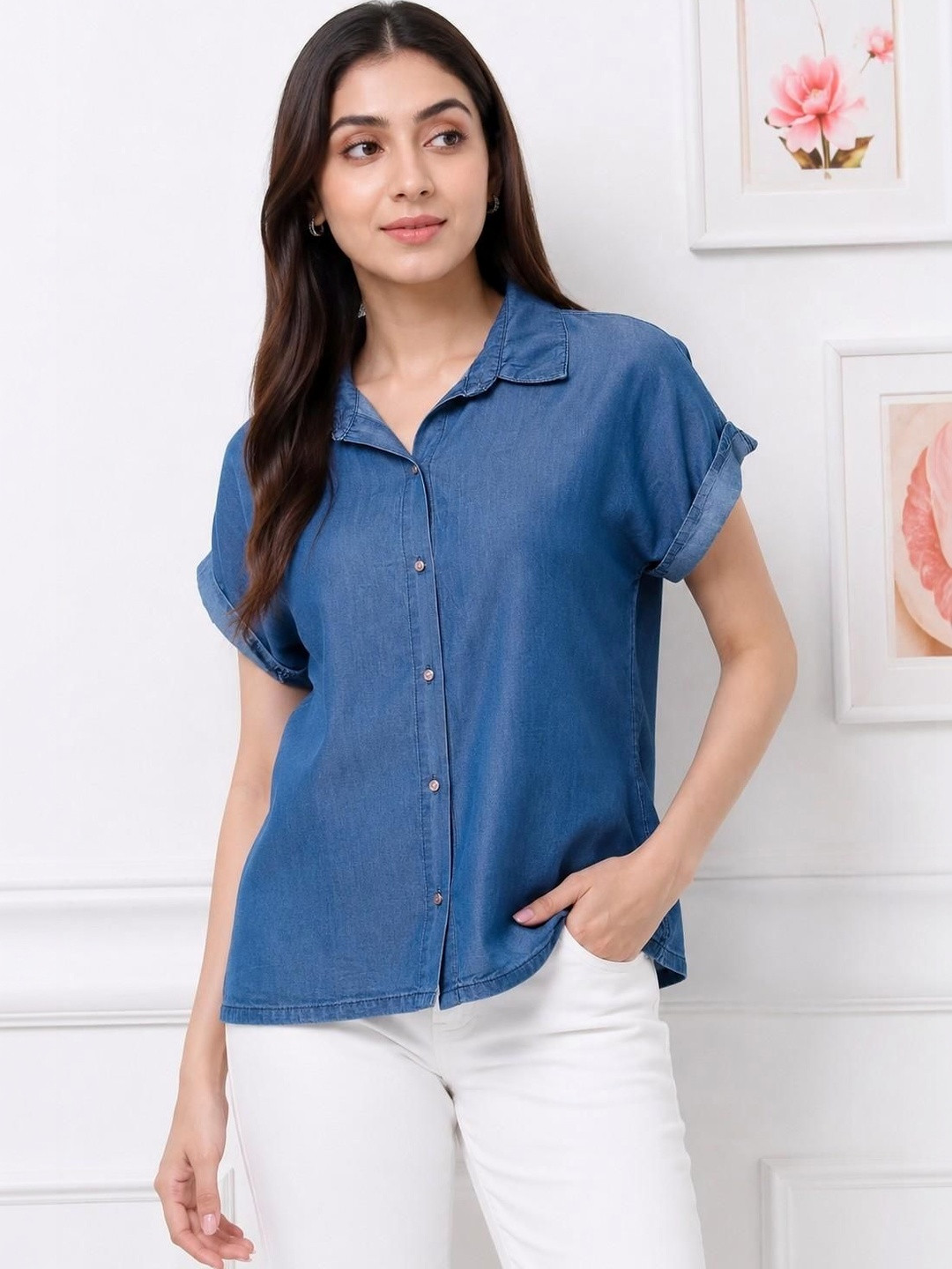 DRAPE AND DAZZLE Roll-Up Sleeves Denim Top