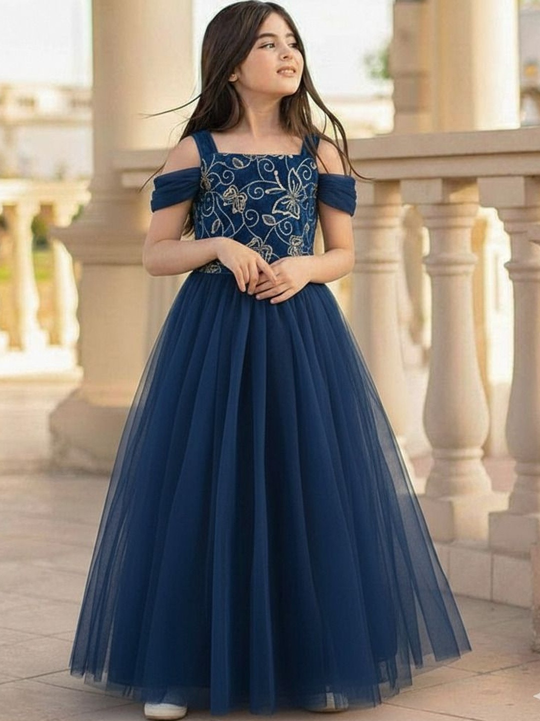Vani Enterprise Floral Embroidered Flared Sleeve Net Maxi Dress