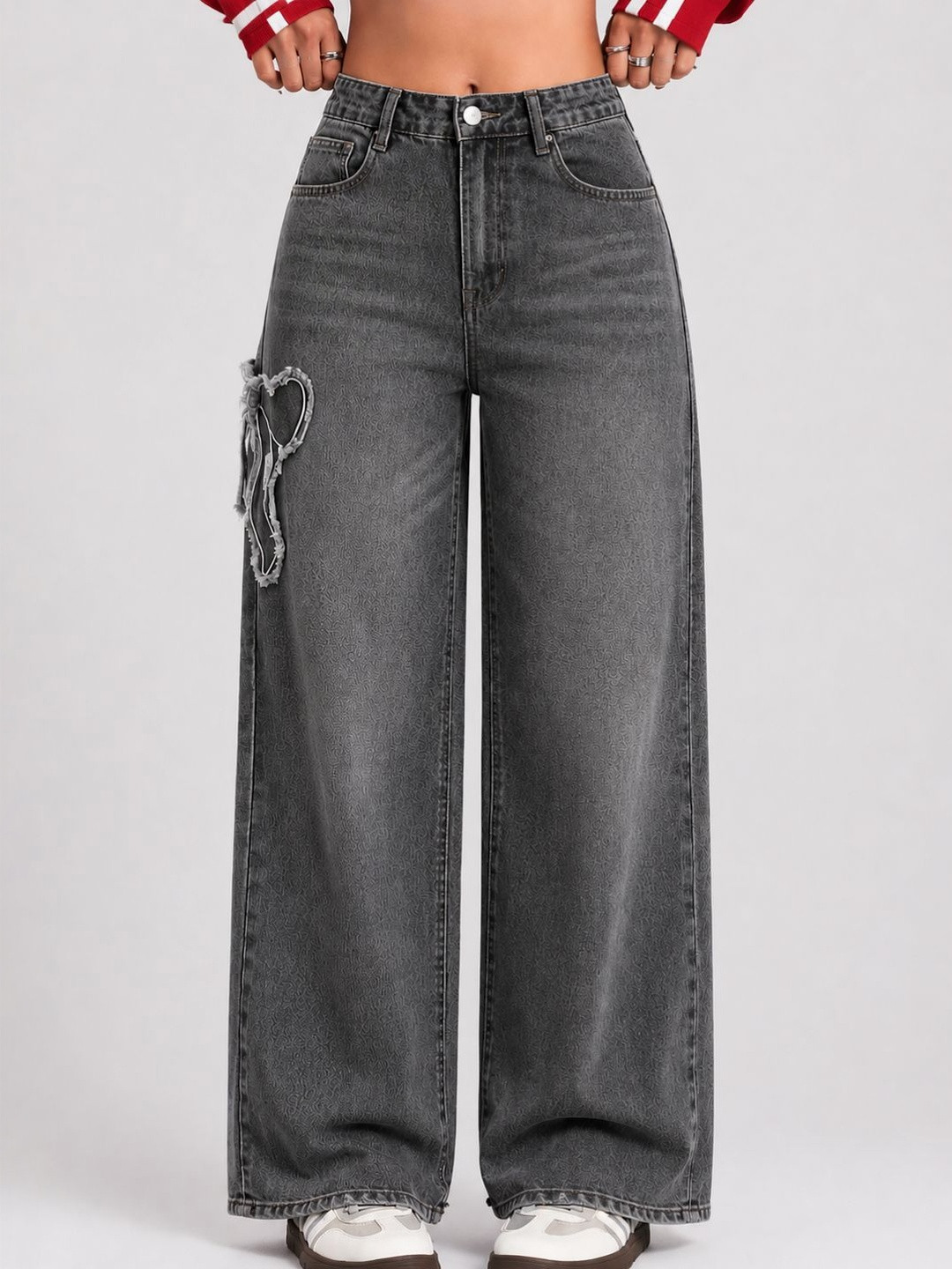Slenor Women Wide Leg High-Rise Highly Distressed Applique Stretchable Jeans