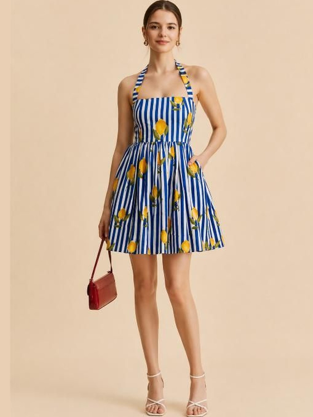 KAORI BY SHREYA AGARWAL Women Striped Halter Neck Crepe A-Line Mini Dress