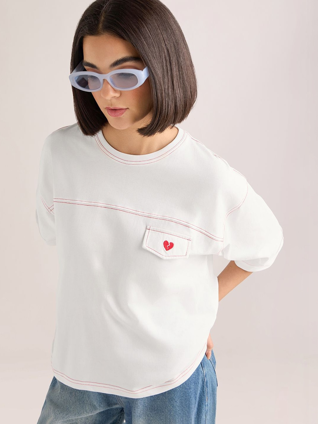 DILLINGER Womens Embroidery Boxy Regular Fit Cut & Sew Cotton Tshirt