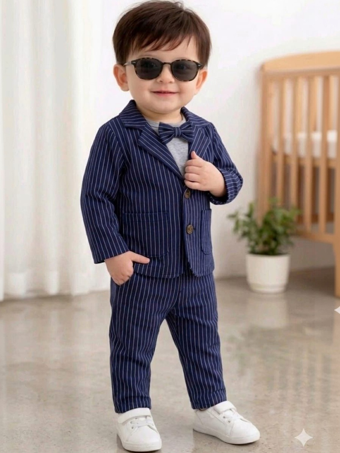 NEMI CREATION Boys Striped Coat with Trousers