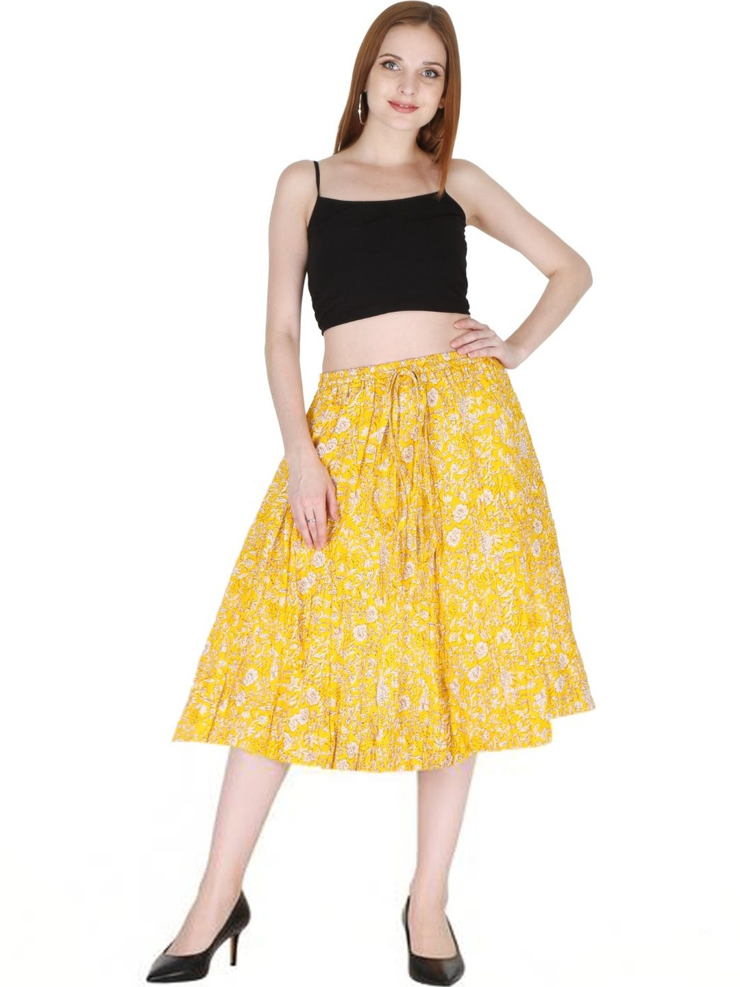 Sttoffa Women Cotton Cambric Floral Midi A-Line Skirt
