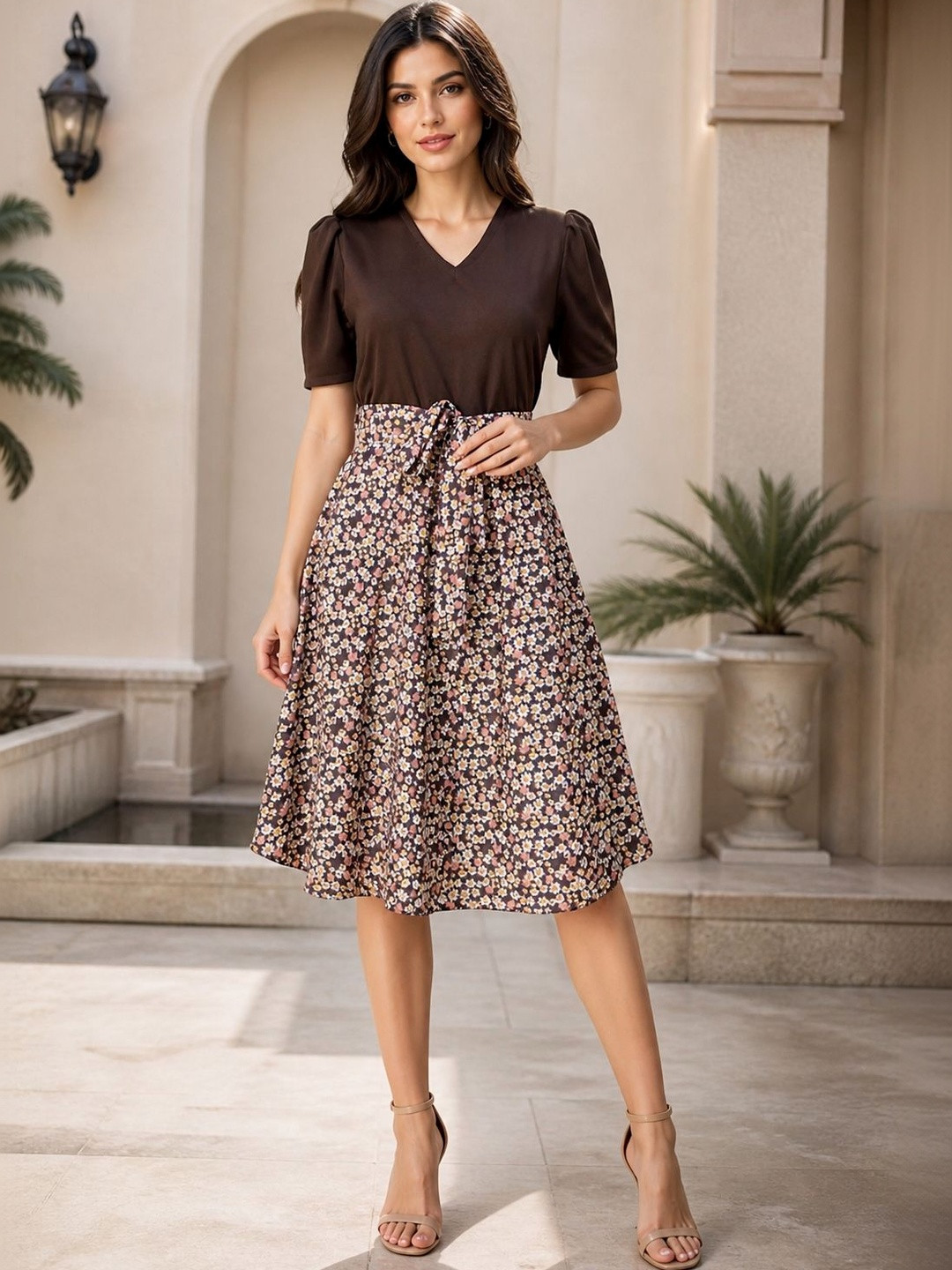 AmorLuxe Floral Print Puff Sleeve A-Line Midi Dress
