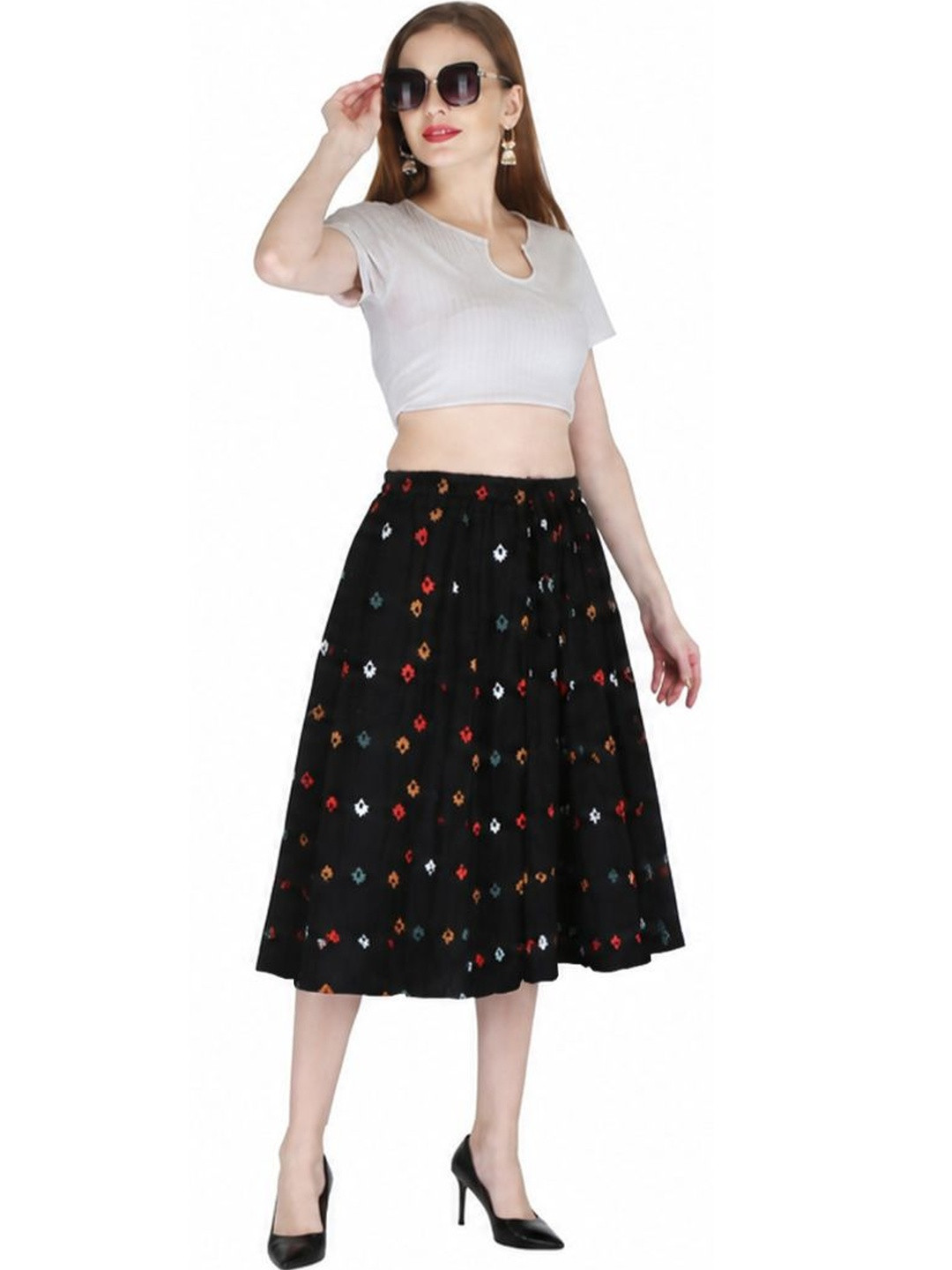 Sttoffa Women Cotton Cambric Geometric Knee Length Flared Skirt