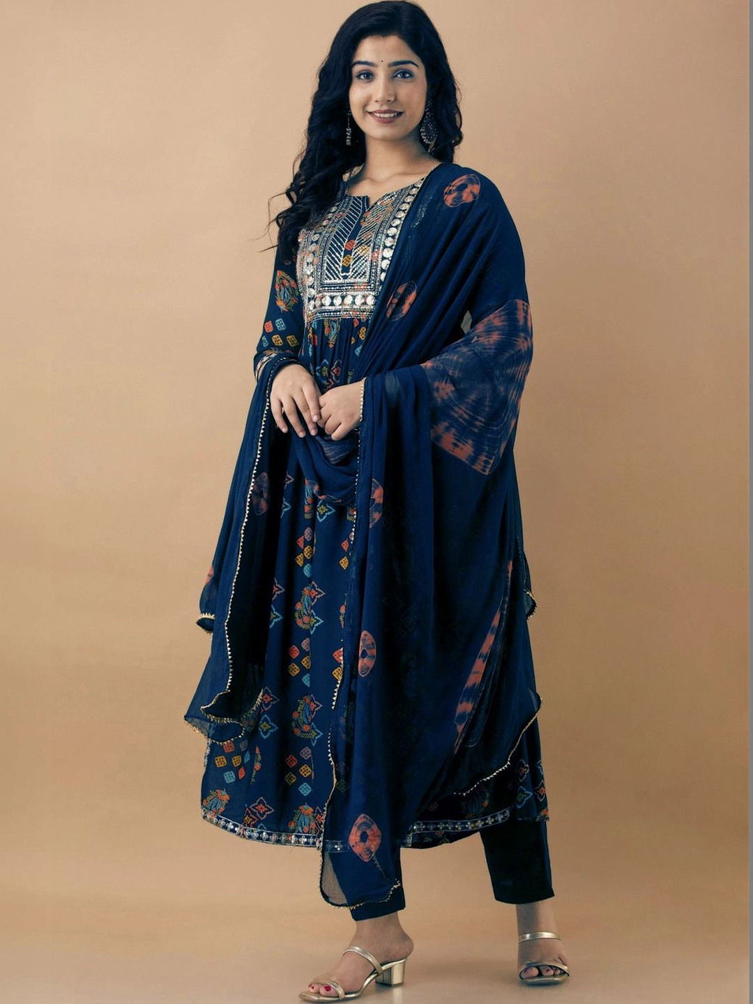 Moda Rapido Women Ethnic Motifs Printed Empire Mirror Work Kurta with Trousers & With Dupatta