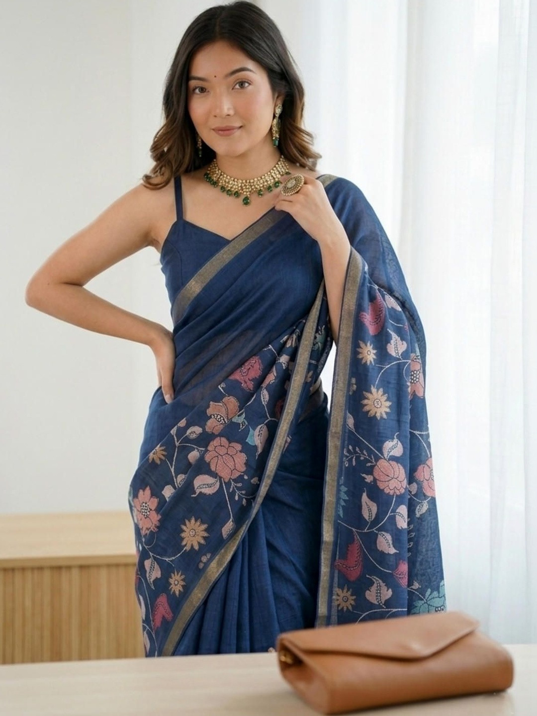 Pixie lane Floral Zari Cotton Blend Belted Khadi Saree