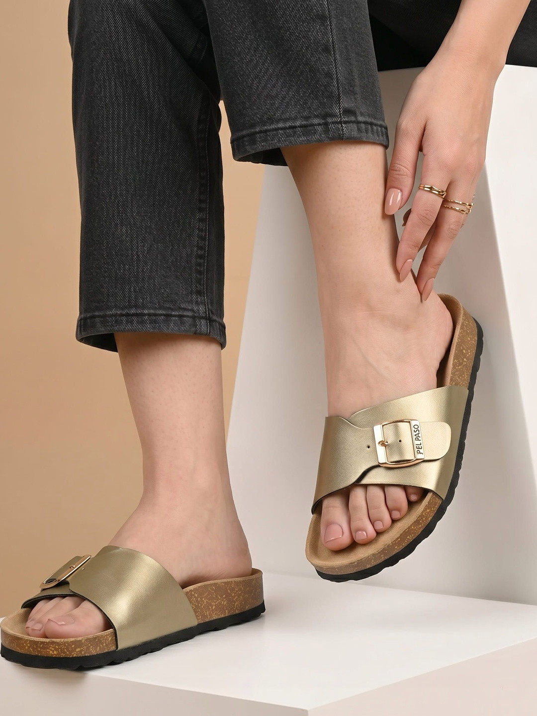 El Paso Women Gold Synthetic Solid Open Toe Flats