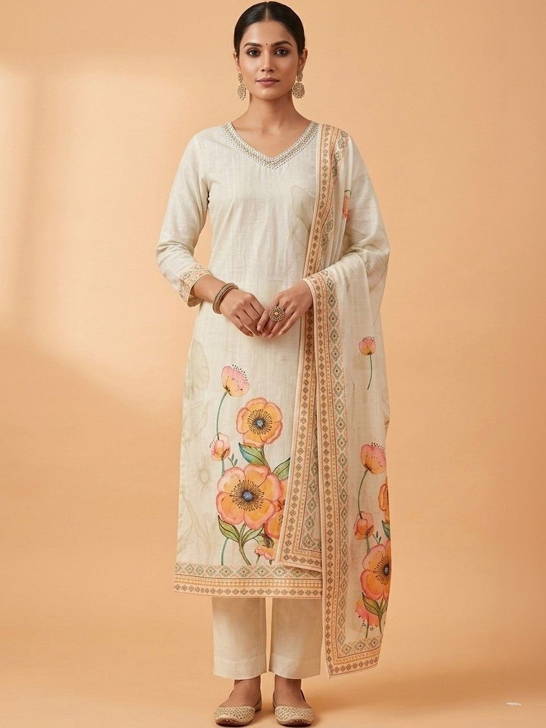 Vagmi Women Floral Printed Regular Thread Work Pure Cotton Kurta with Trousers & With Dupatta