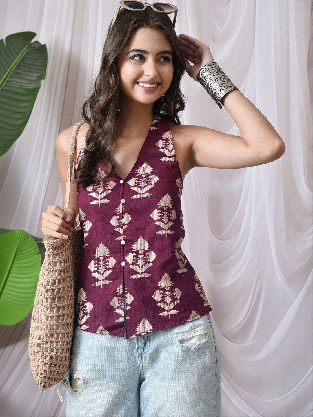 Anouk Floral Printed Halter-Neck Sleeveless A-Line Flared Kurti