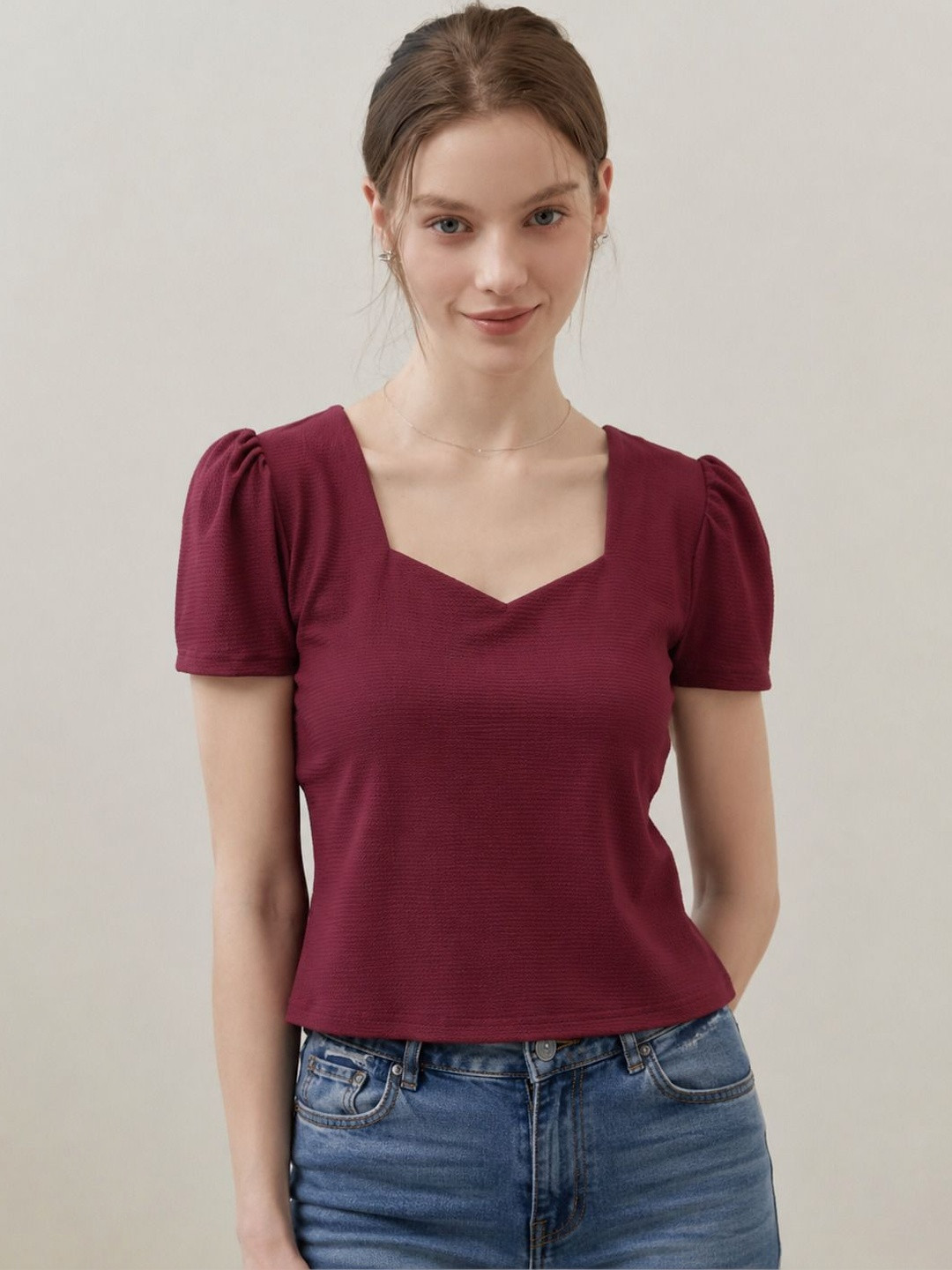 NEUDIS Women Maroon Sweetheart Neck Top
