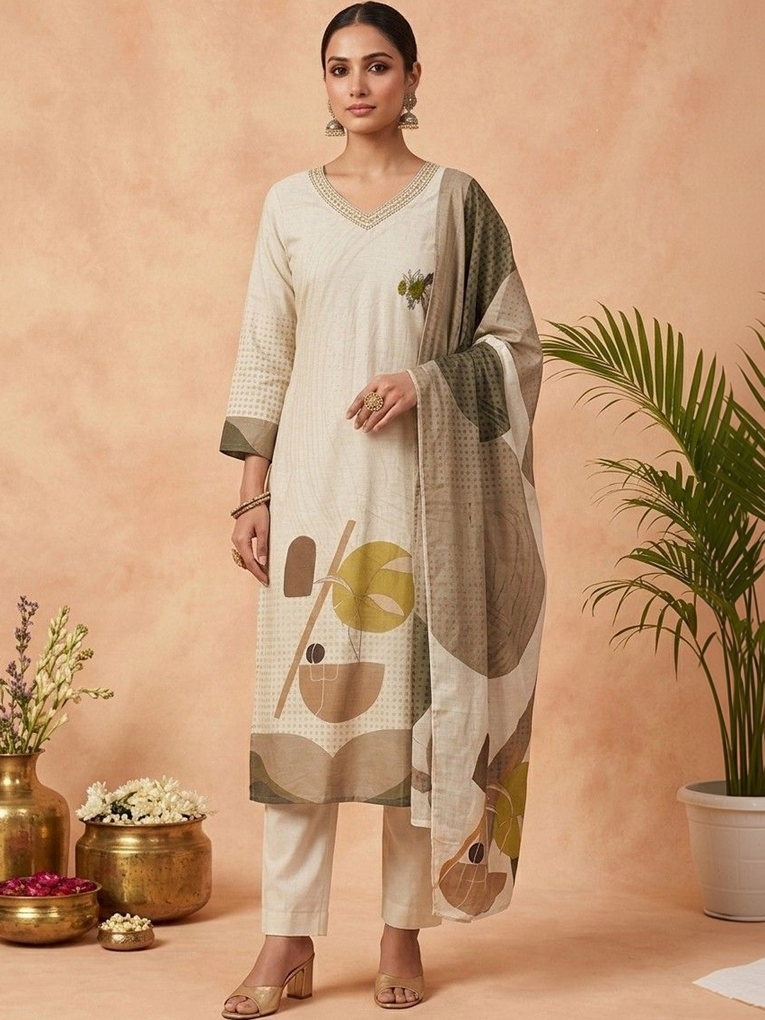 Vagmi Women Printed Regular Thread Work Pure Cotton Kurta with Trousers & With Dupatta