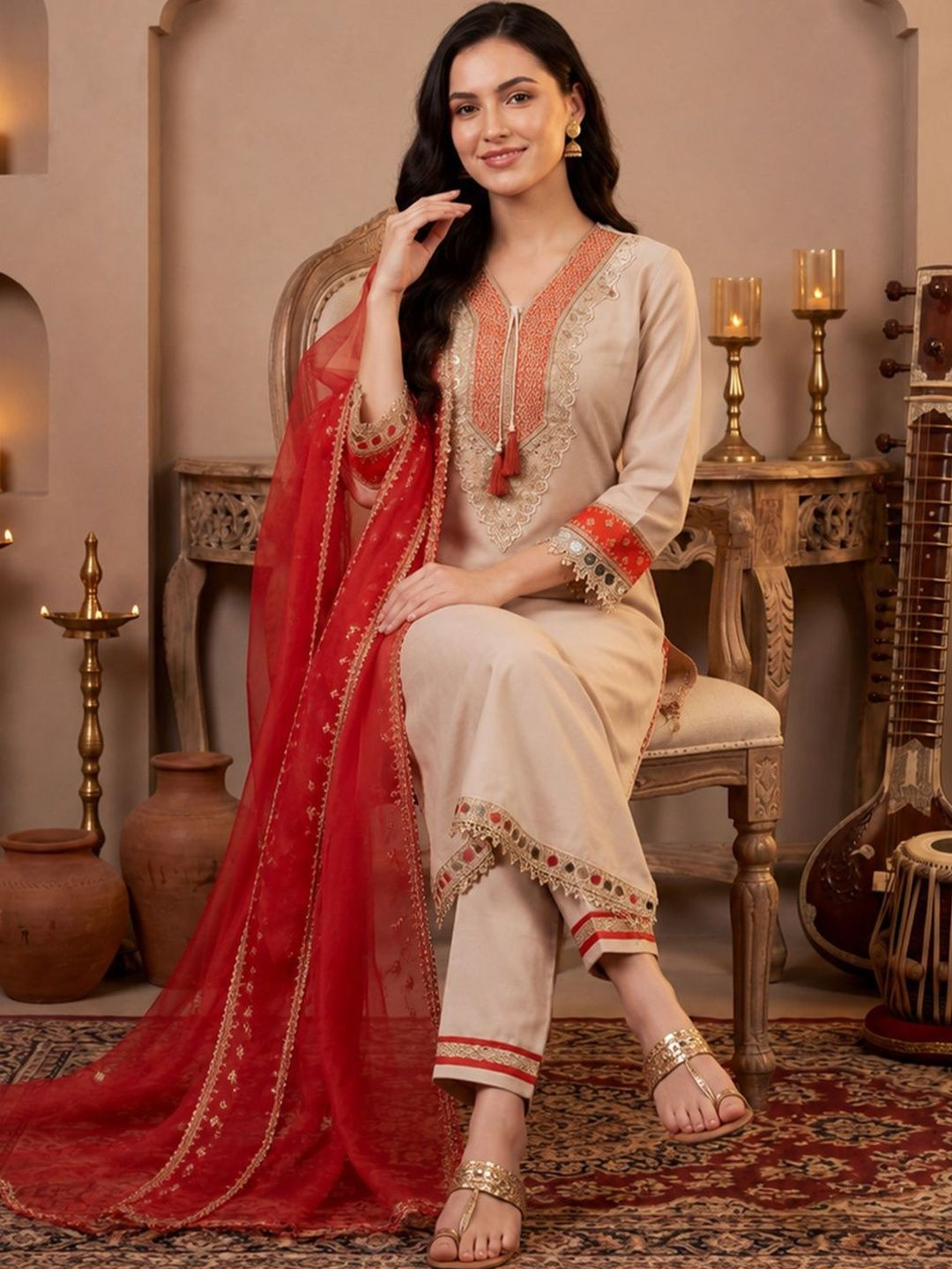 Indo Era Women Ethnic Motifs Embroidered Regular Mirror Work Kurta with Trousers & With Dupatta