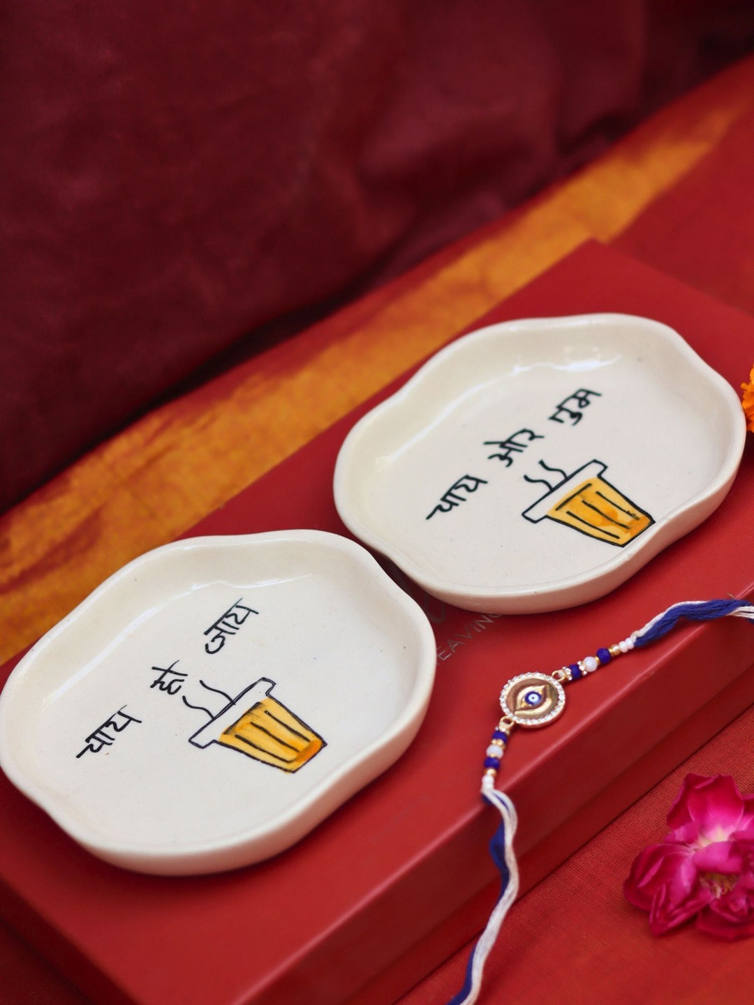 WEAVING HOMES Set Of 2 Dessert Plate With 1 Rakhi & Roli Chawal