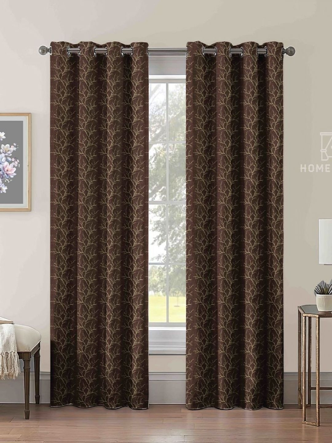 Aura Velvet Foil Set 2 Coffee Geometric Abstract Regular Curtains(9x4) ft