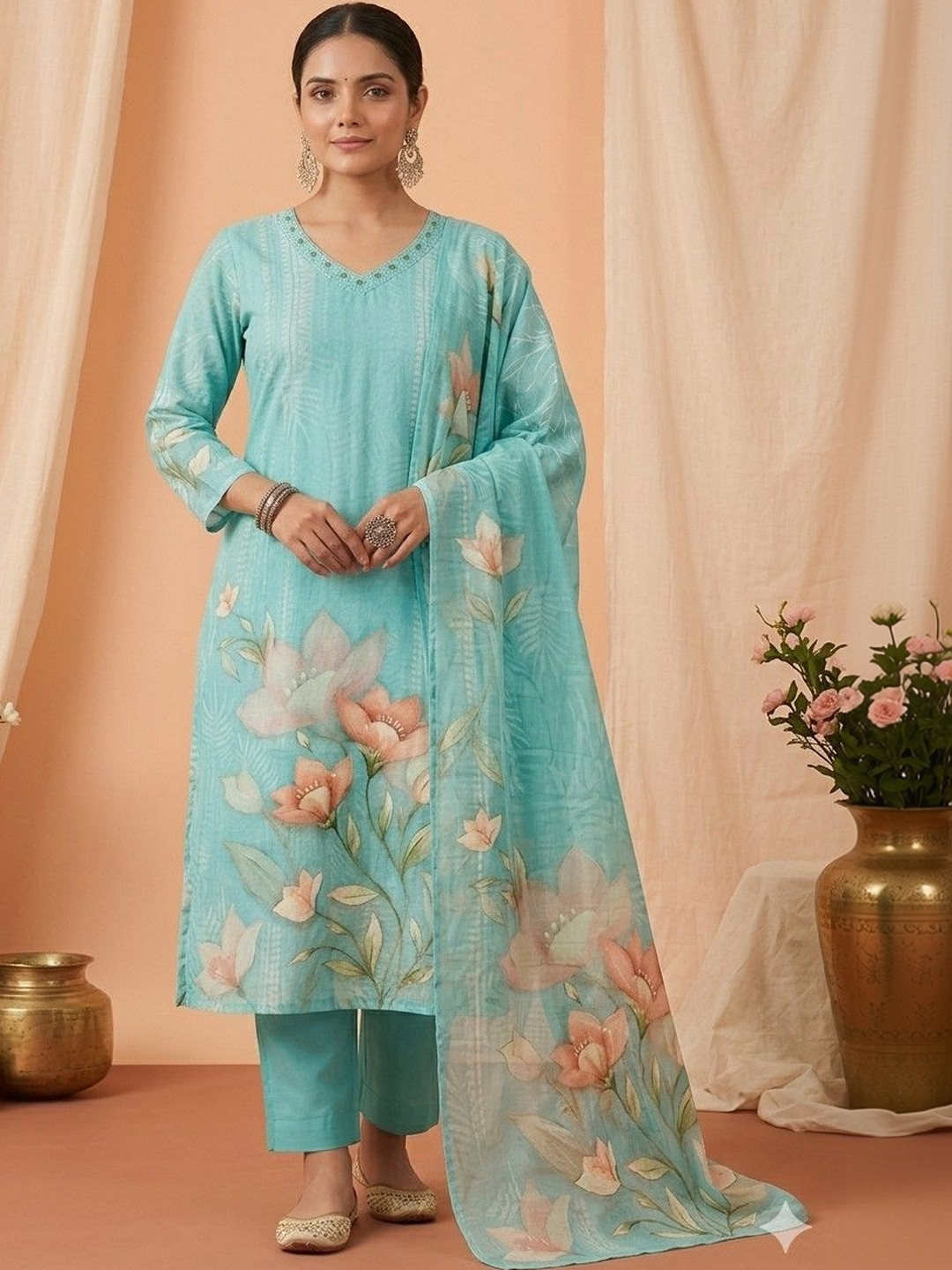 Vagmi Women Floral Printed Regular Pure Cotton Kurta with Trousers & With Dupatta