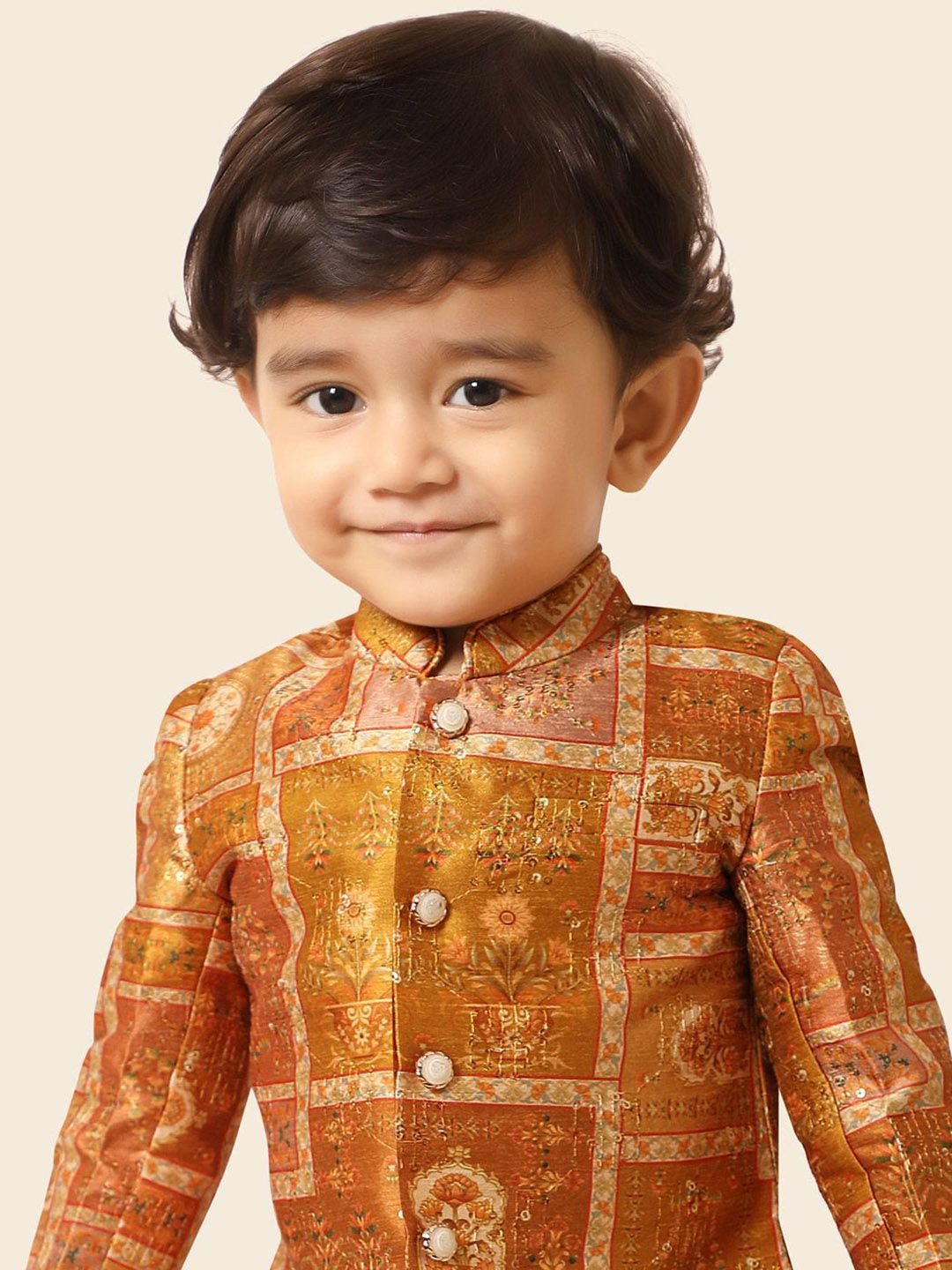 Ethniks Neu-Ron Boys Floral Printed Straight Chanderi Silk Kurta with Pyjamas