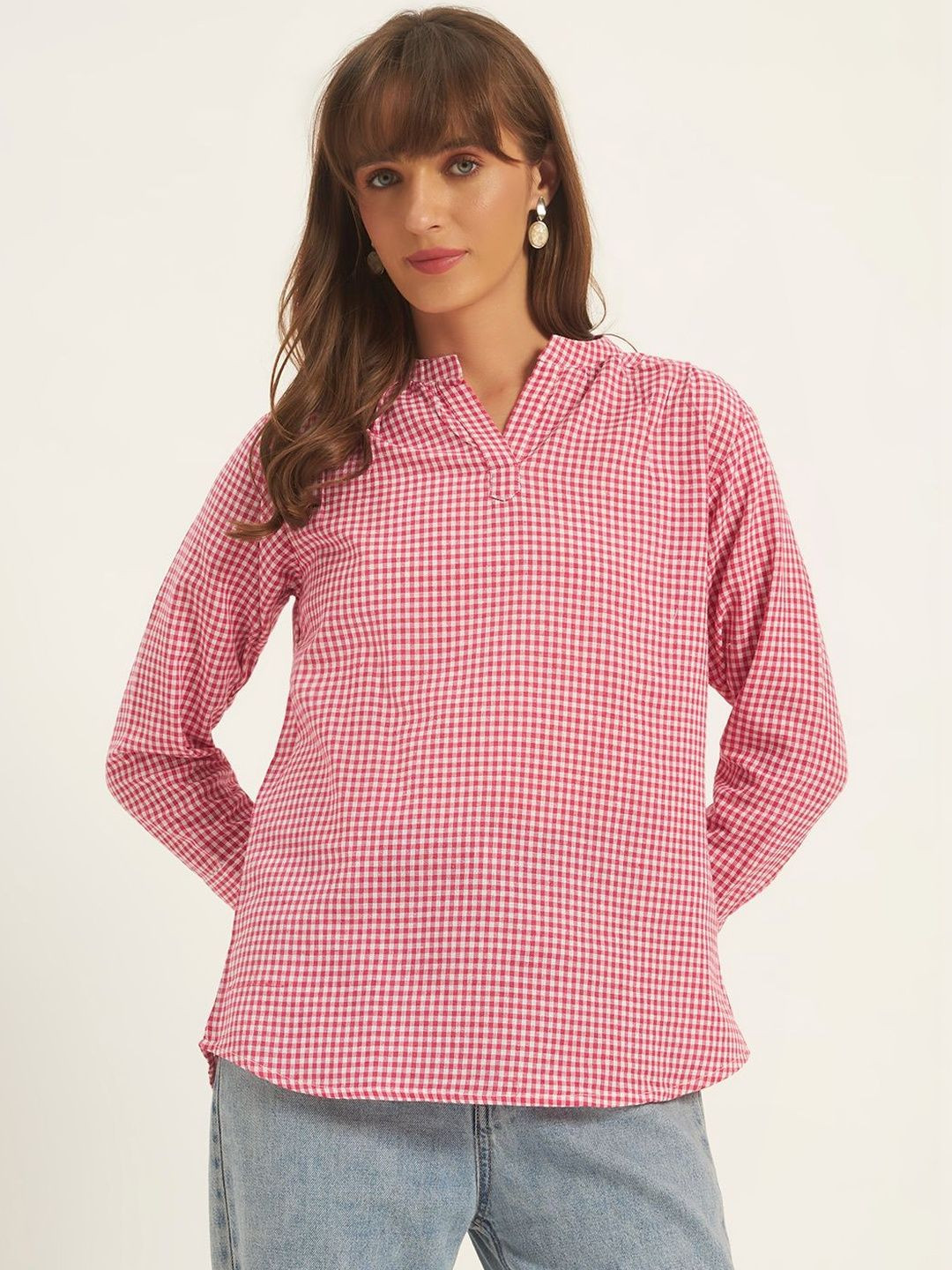 ROSEMELON Checked Mandarin Collar Cotton Top