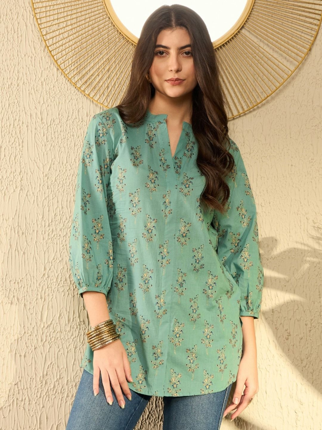 AHIKA Floral Print Mandarin Collar Top