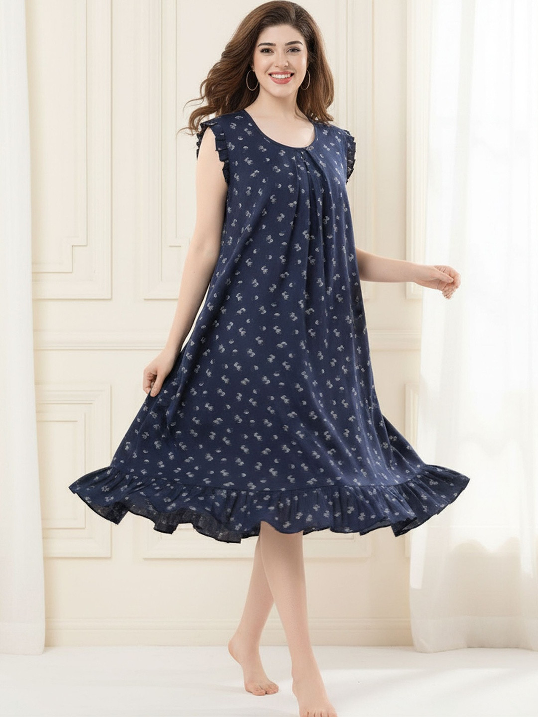 Cloud Soft Women Floral Printed Round Neck Sleeveless Midi Nightdress
