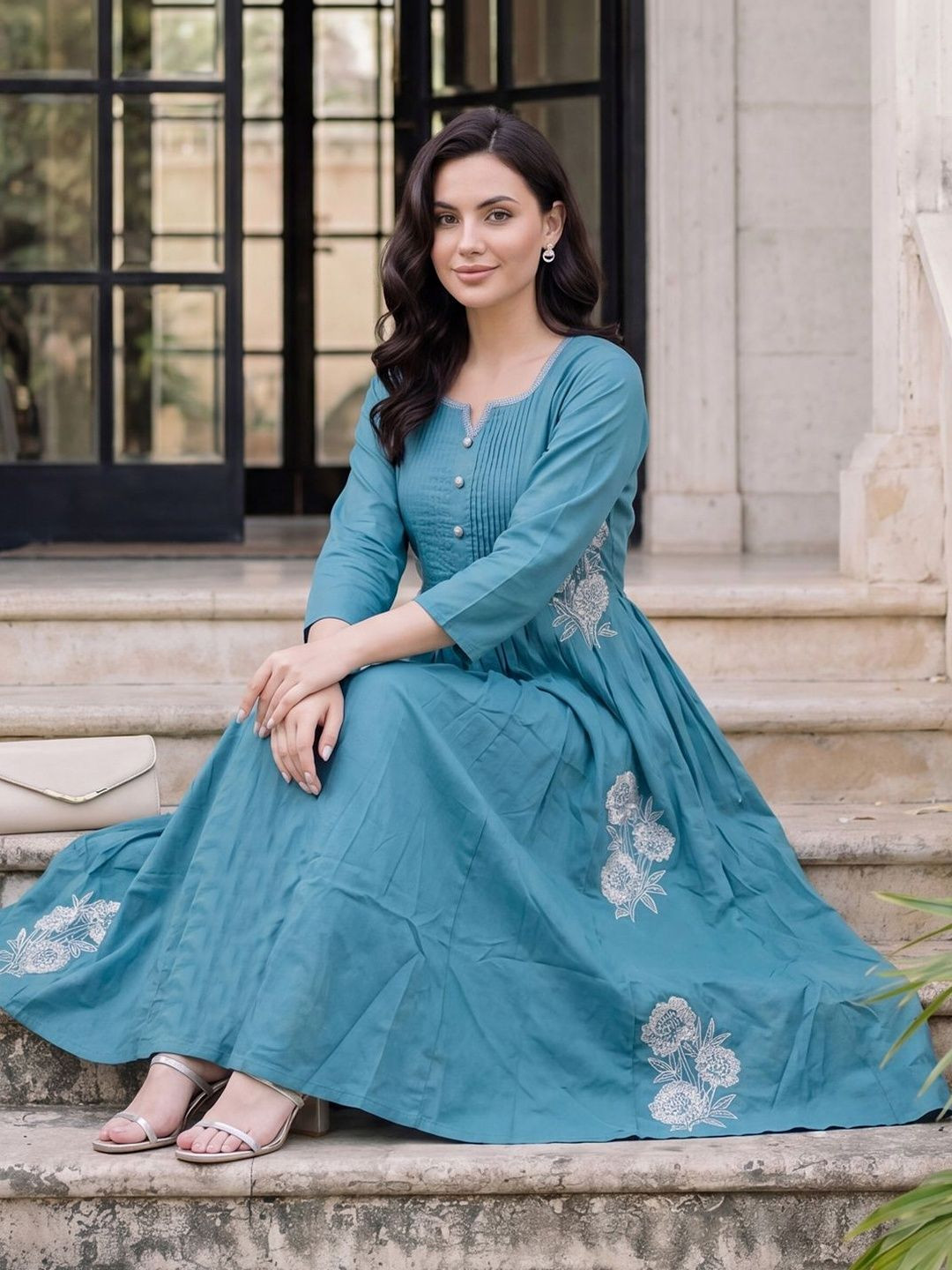 Indo Era Women Floral Embroidered Empire Thread Work Pure Cotton Kurta with Trousers