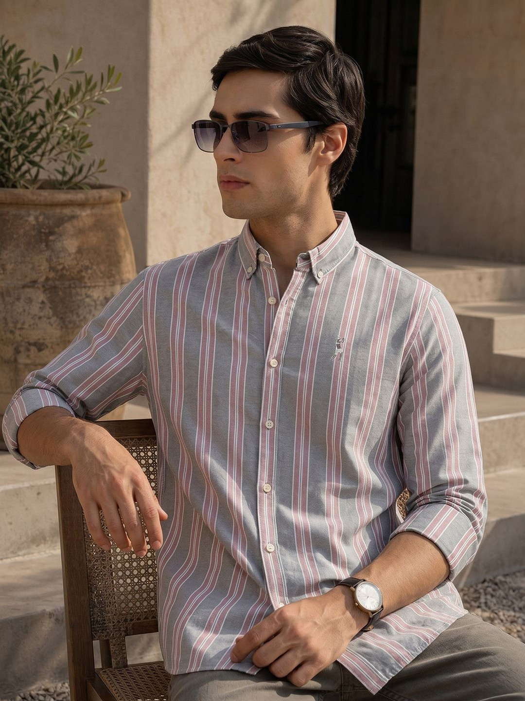 Thomas Scott Men Premium Slim Fit Striped Pure Cotton Casual Shirt