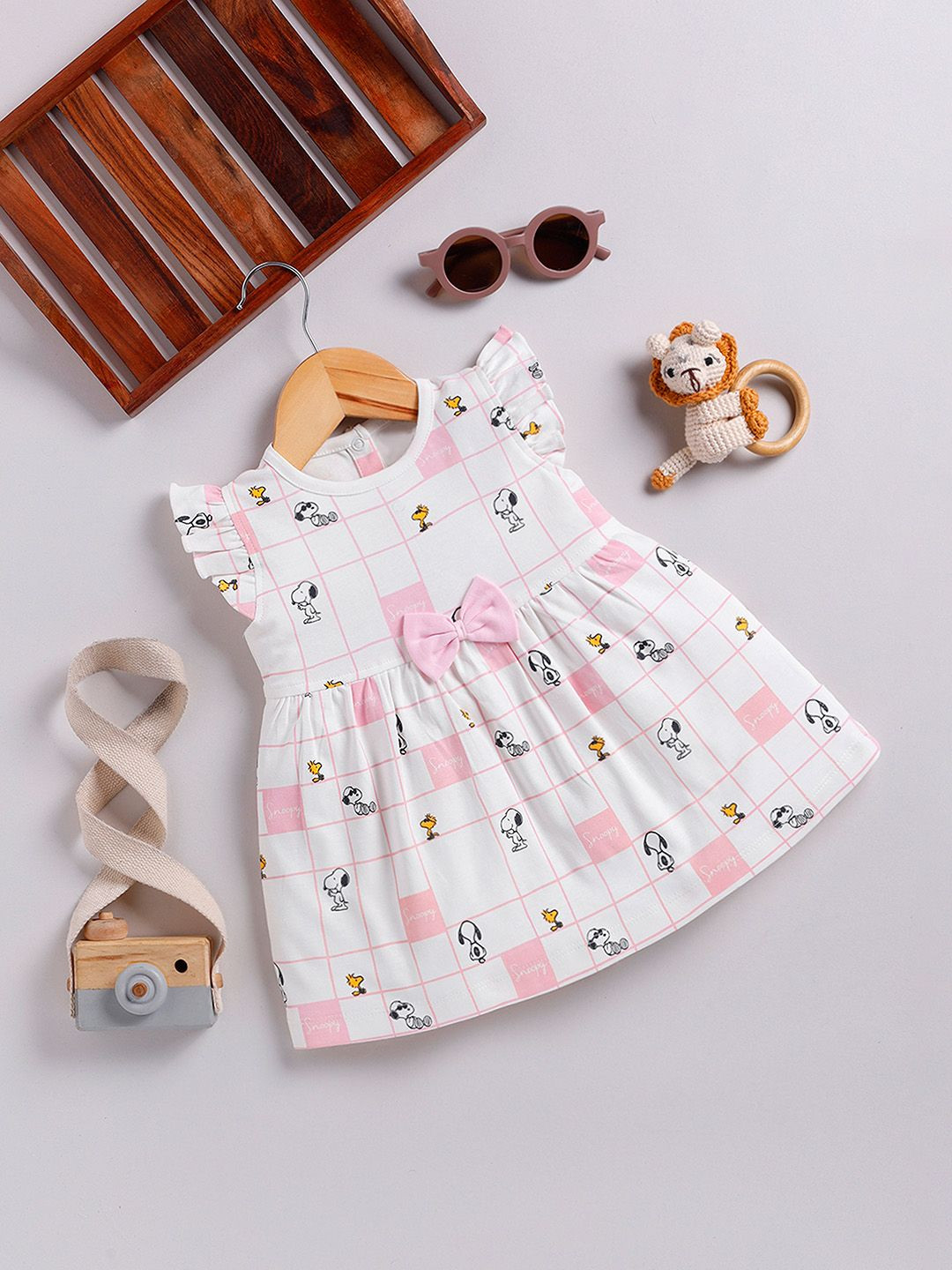 YK X Tinyo Girls Checked And Printed Flutter Sleeve Fit & Flare Dress