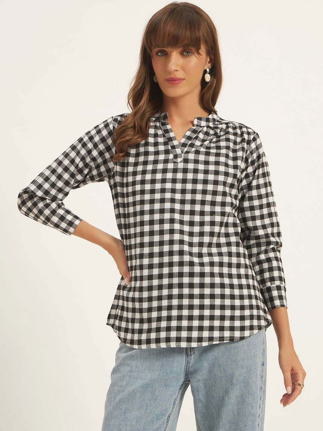 ROSEMELON Checked Mandarin Collar Cotton Top