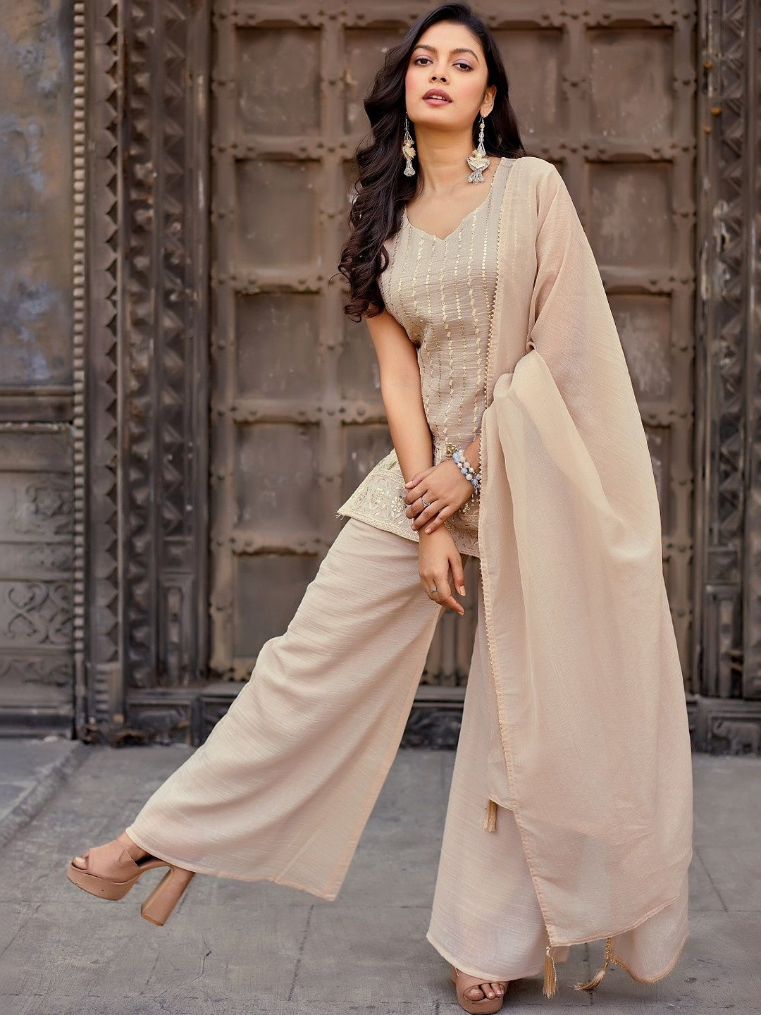 Omicron Fab Women Ethnic Motifs Embroidered Regular Sequinned Kurta with Palazzos & With Dupatta