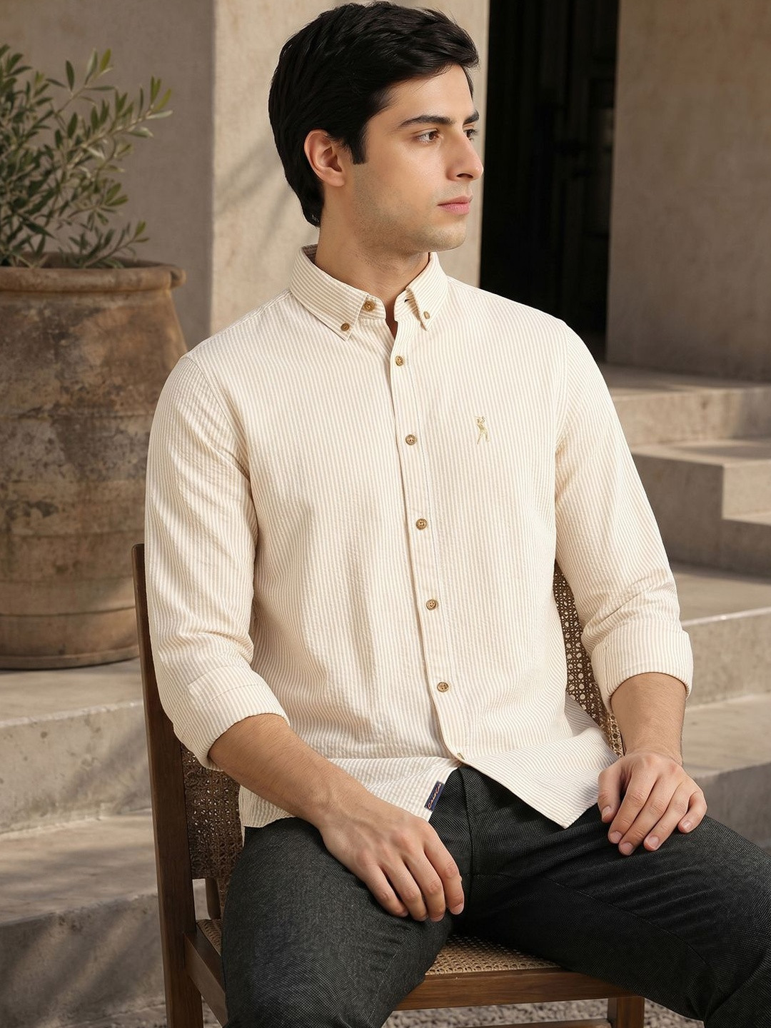 Thomas Scott Men Premium Slim Fit Seersucker Cotton Casual Shirt
